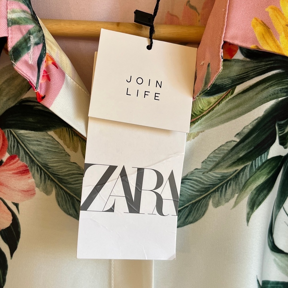 NWT Zara Pink and Green Tropical Resort wear Beach  Floral Shirt Dress Sz XL - Picture 10 of 16